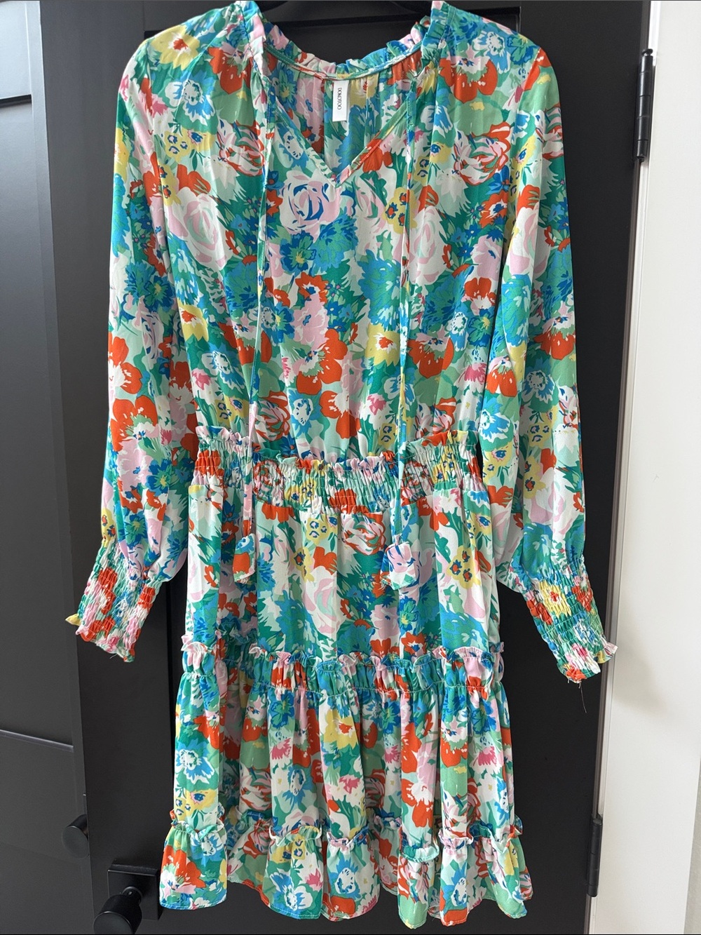 Floral Tiered Long-Sleeve Dress in Teal and Coral